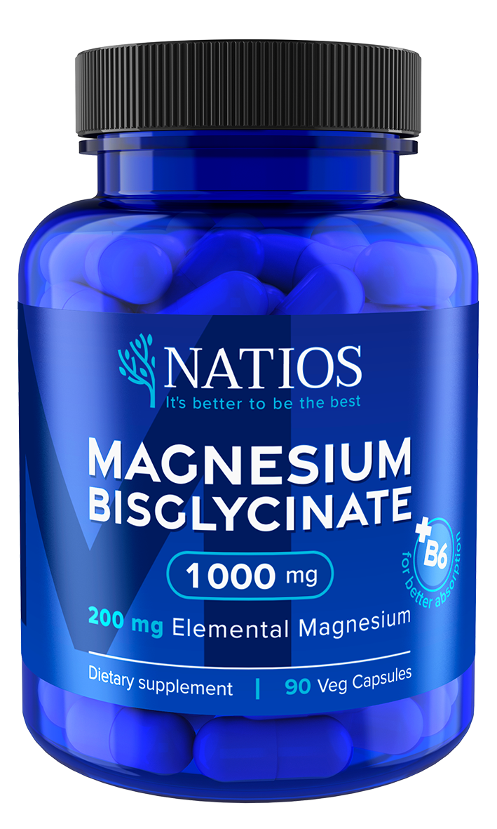 NATIOS Magnesium Bisglycinate 1000 mg + B6 – chelátový hořčík MagChel® 90 veganských kapslí