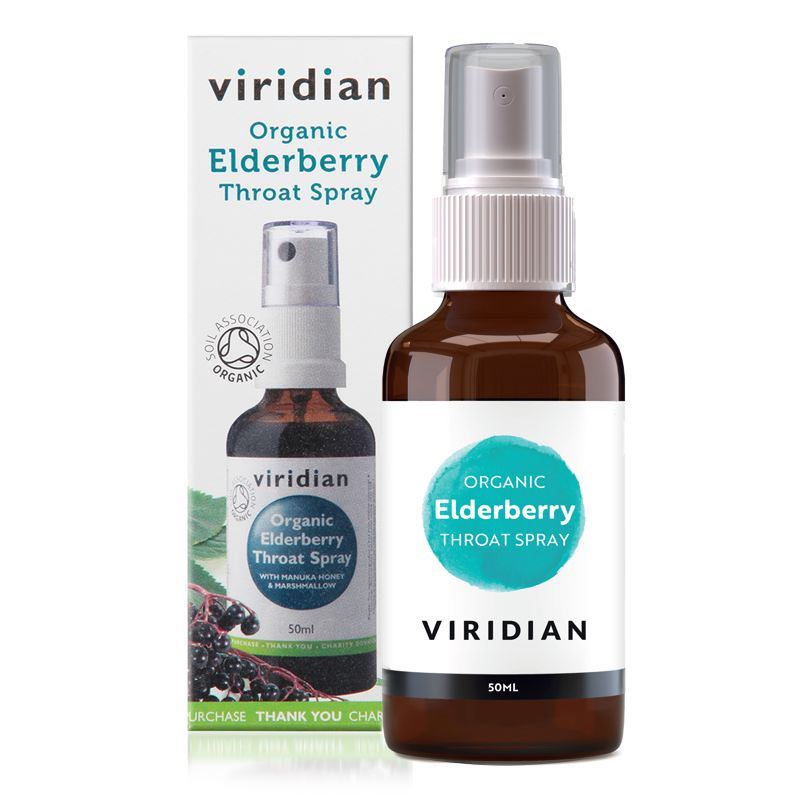 Viridian Elderberry Throat Spray Organic 50 ml – BIO sprej do úst s extraktem z černého bezu a manukovým medem