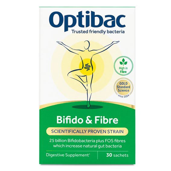 Optibac Bifido & Fibre 30 sáčků – doplněk stravy se živými kulturami a fruktooligosacharidy