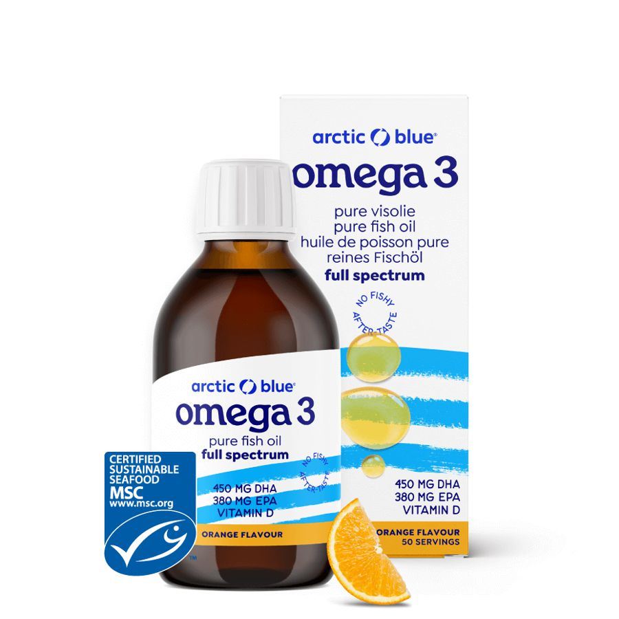 Arctic Blue Omega 3 s vitamínem D 150 ml – tekutý rybí olej z arktické tresky v pomerančové příchuti