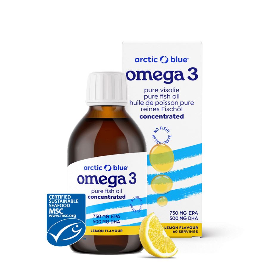 Arctic Blue Omega 3 koncentrovaný rybí olej 150 ml – tekutý olej s 750 mg EPA a 500 mg DHA v citronové příchuti
